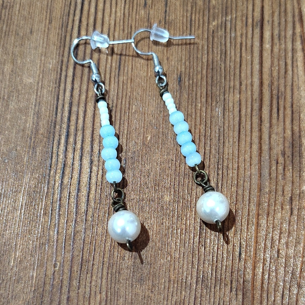 Elegant Baby Blue and White Beaded Earrings, Handmade Ladies Earrings